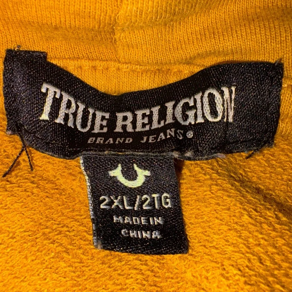 True Religion Hoodie Mens 2XL Teal Yellow Colorblock Pullover Sweatshirt Logo